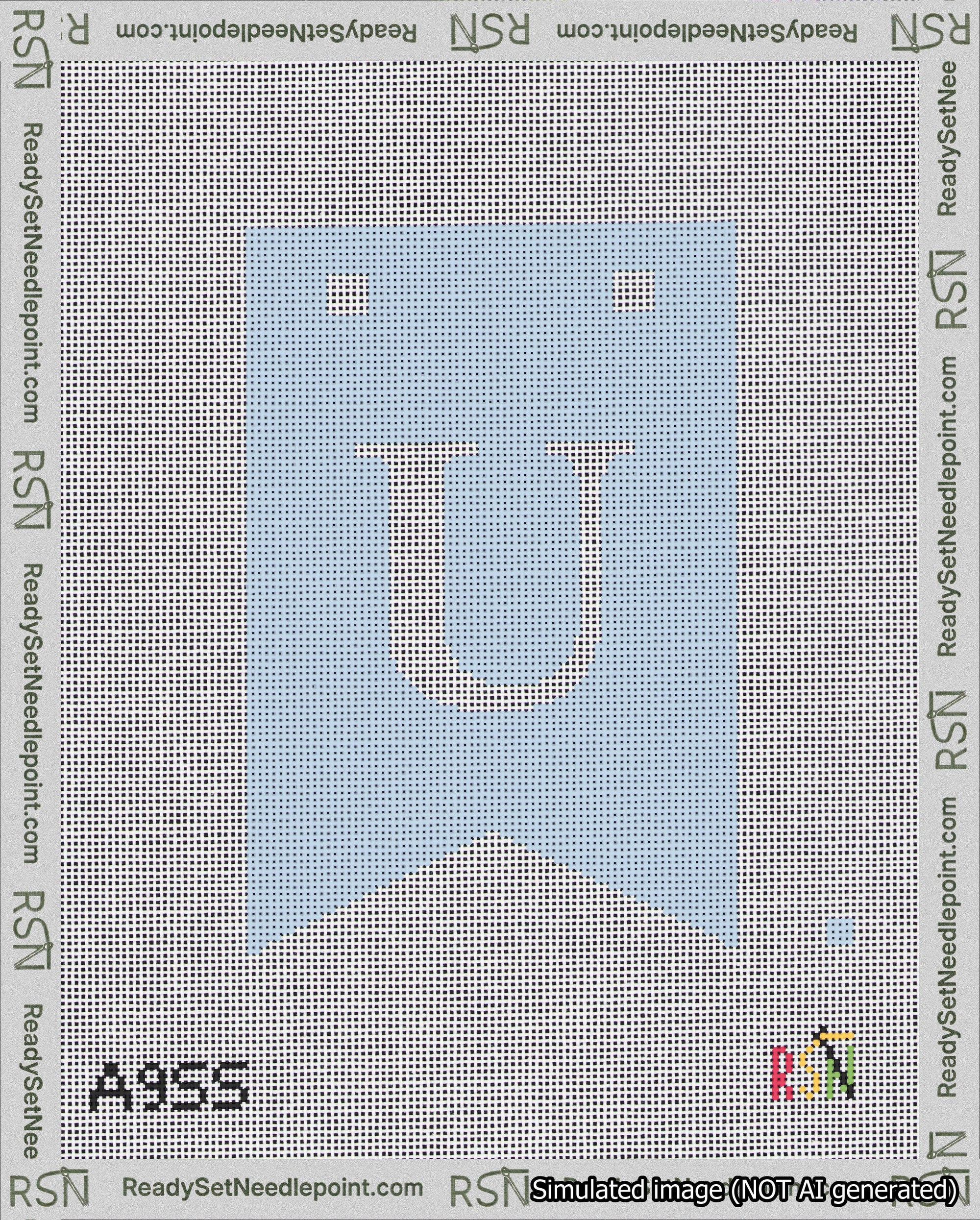 A taped needlepoint canvas with the design: Banner 18 mesh count Forked U White on Light Blue.