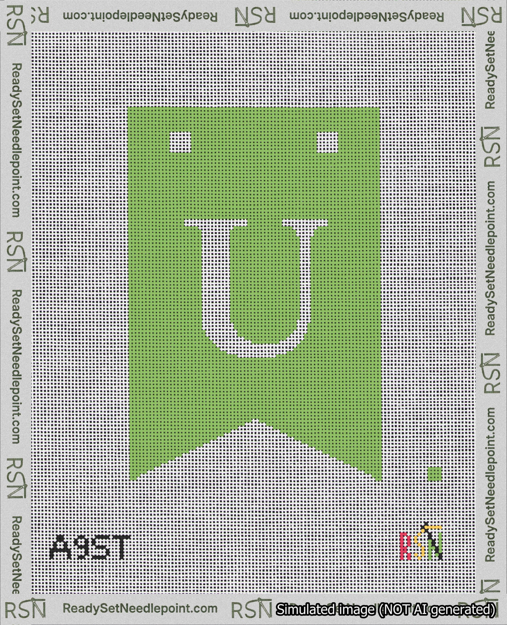 A taped needlepoint canvas with the design: Banner 18 mesh count Forked U White on Light Green.