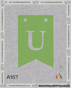 A taped needlepoint canvas with the design: Banner 18 mesh count Forked U White on Light Green.