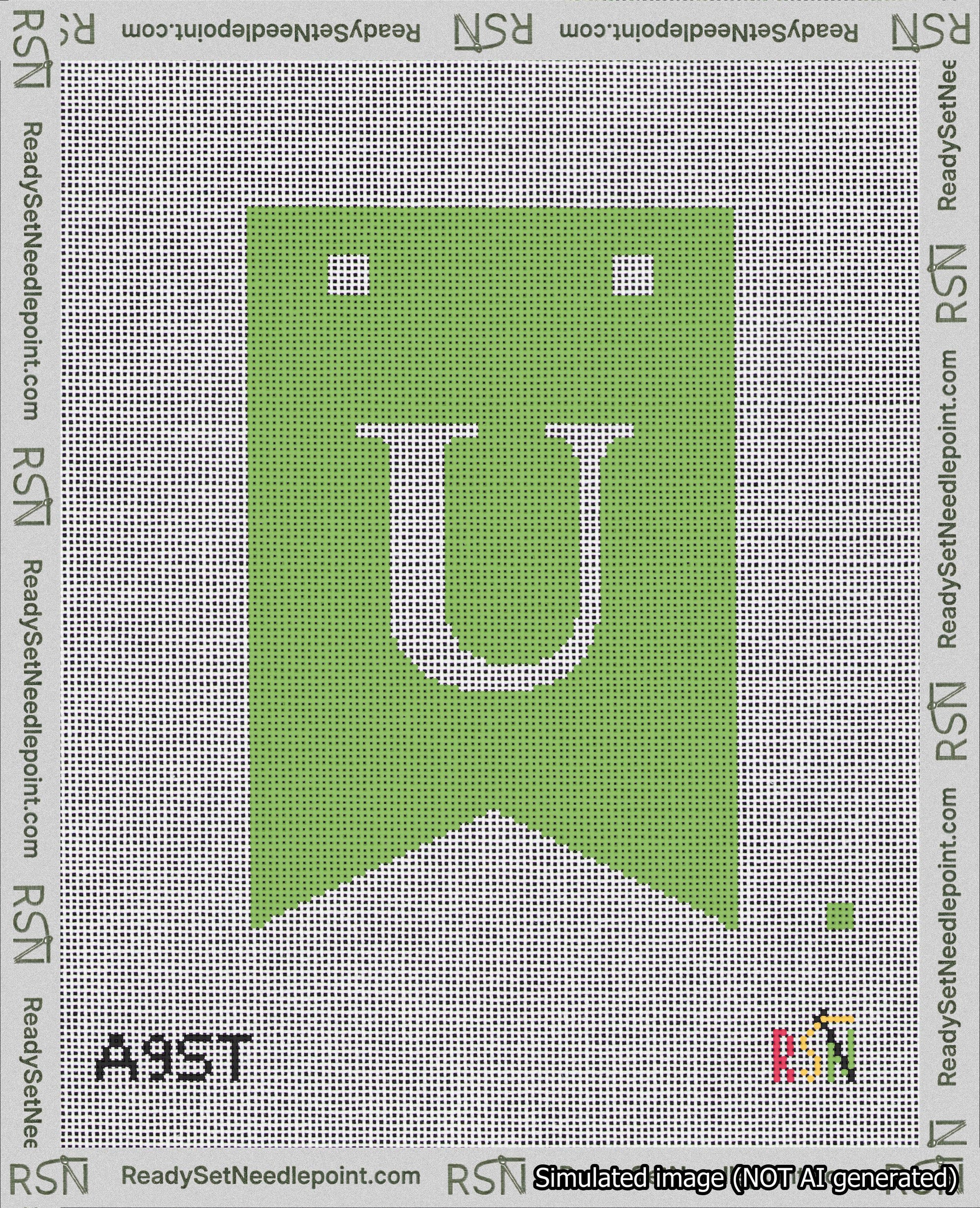 A taped needlepoint canvas with the design: Banner 18 mesh count Forked U White on Light Green.