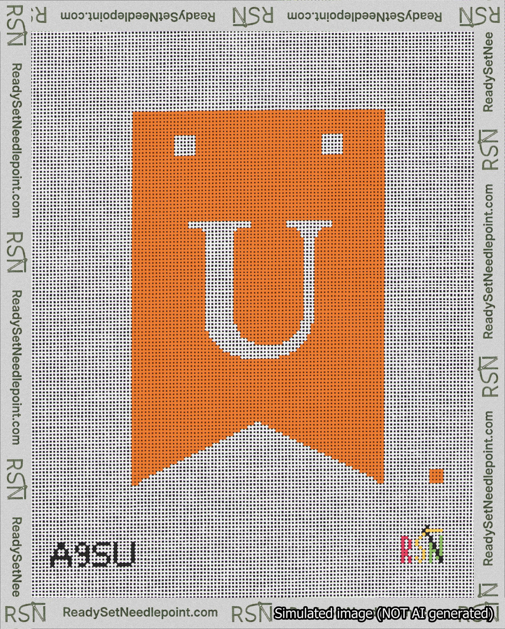 A taped needlepoint canvas with the design: Banner 18 mesh count Forked U White on Orange.