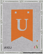 A taped needlepoint canvas with the design: Banner 18 mesh count Forked U White on Orange.