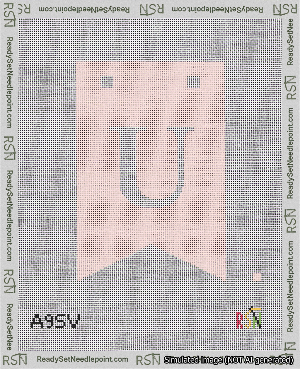 A taped needlepoint canvas with the design: Banner 18 mesh count Forked U White on Pink.