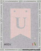 A taped needlepoint canvas with the design: Banner 18 mesh count Forked U White on Pink.
