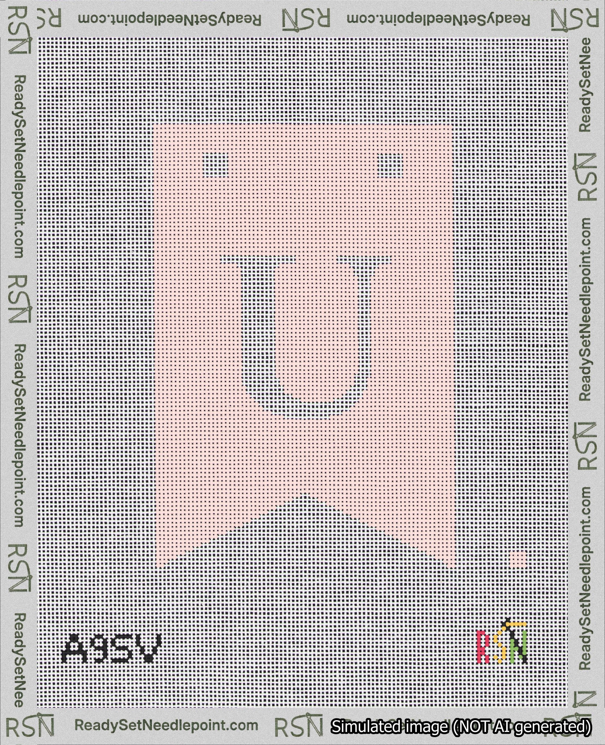 A taped needlepoint canvas with the design: Banner 18 mesh count Forked U White on Pink.