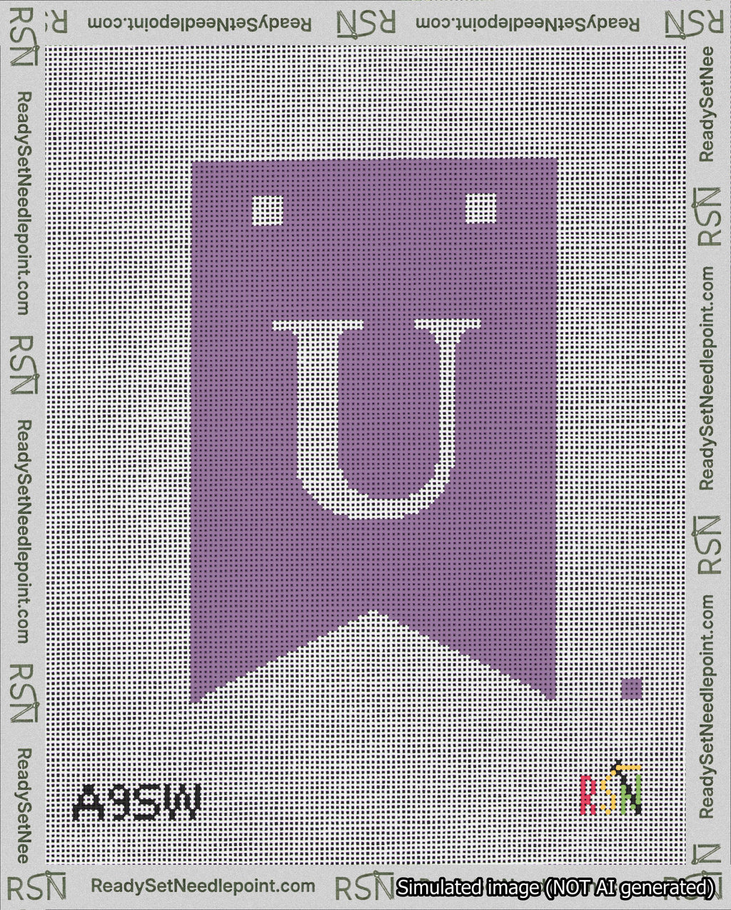 A taped needlepoint canvas with the design: Banner 18 mesh count Forked U White on Purple.