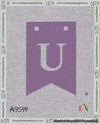 A taped needlepoint canvas with the design: Banner 18 mesh count Forked U White on Purple.