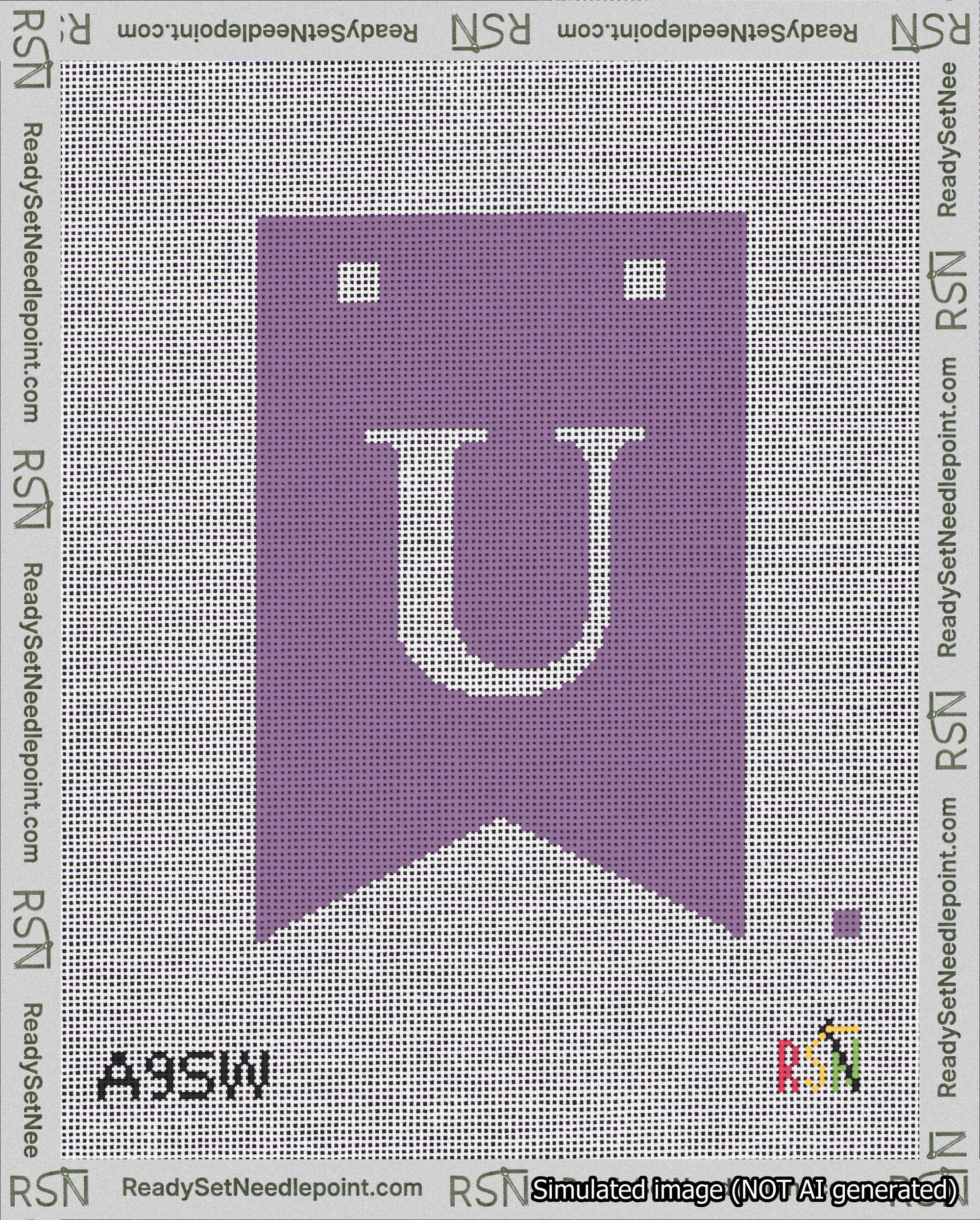 A taped needlepoint canvas with the design: Banner 18 mesh count Forked U White on Purple.