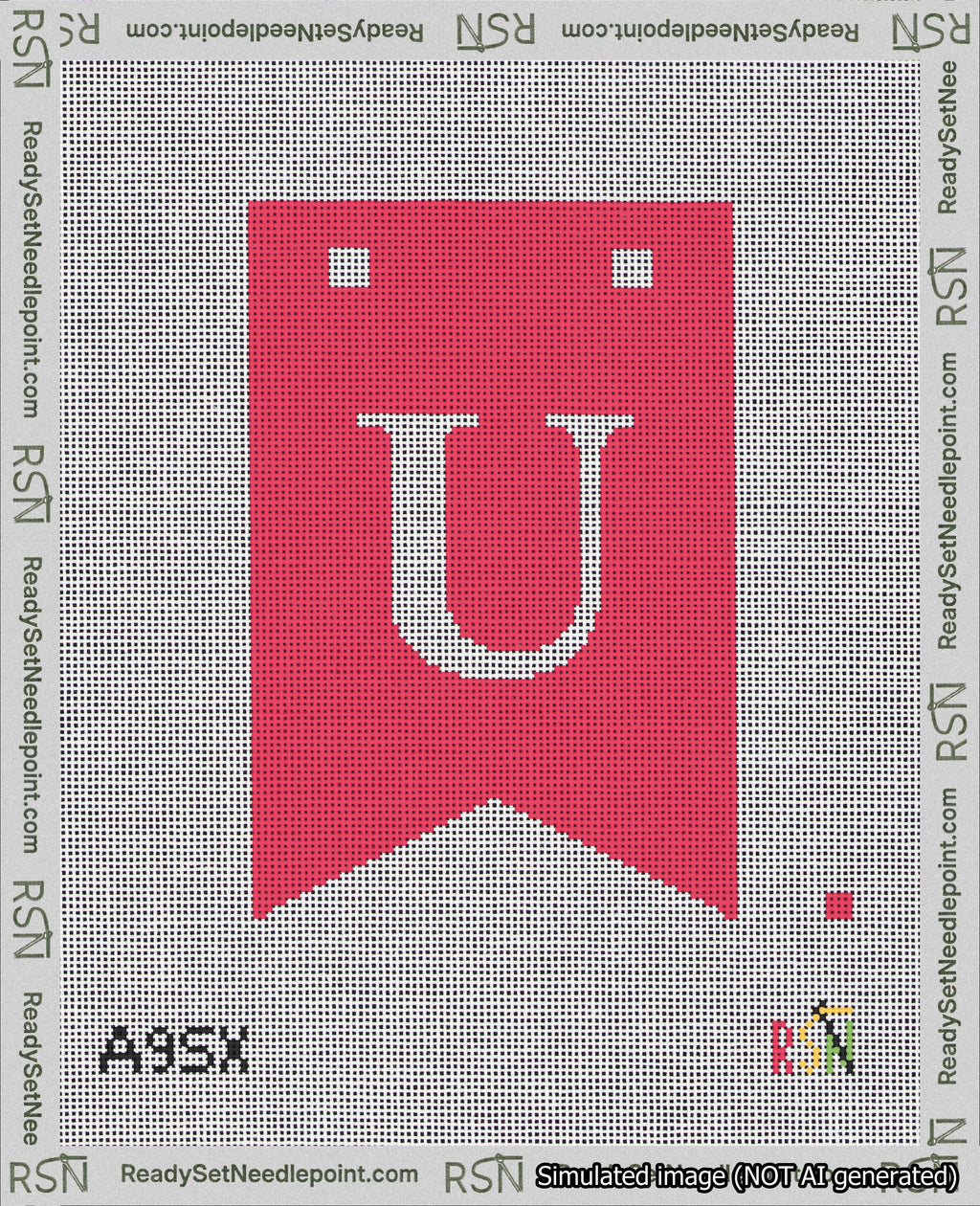 A taped needlepoint canvas with the design: Banner 18 mesh count Forked U White on Red.