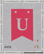 A taped needlepoint canvas with the design: Banner 18 mesh count Forked U White on Red.