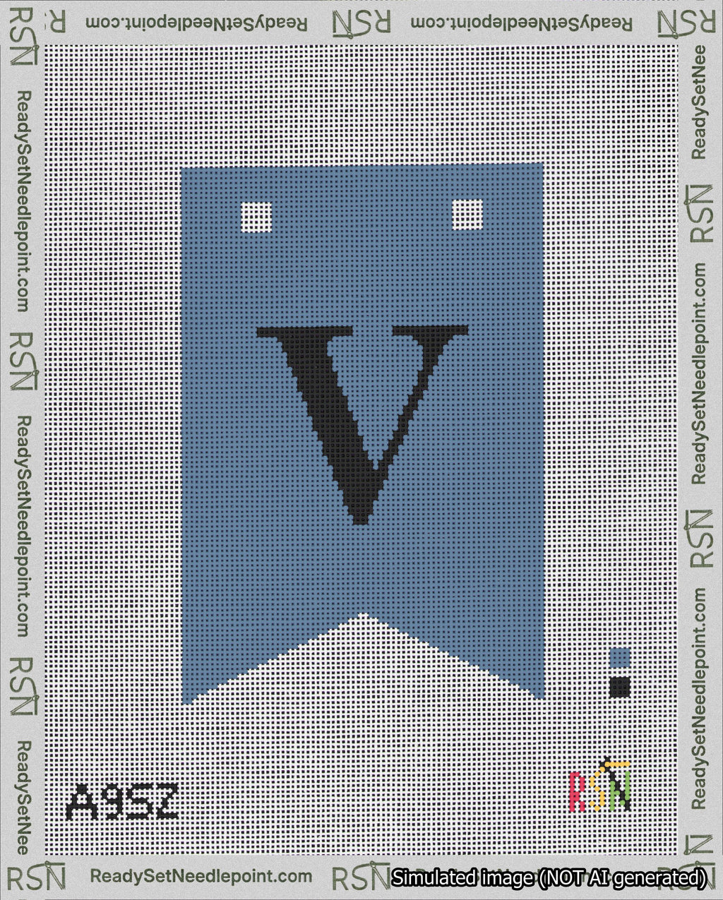 A taped needlepoint canvas with the design: Banner 18 mesh count Forked V Black on Blue.
