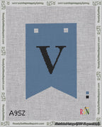 A taped needlepoint canvas with the design: Banner 18 mesh count Forked V Black on Blue.