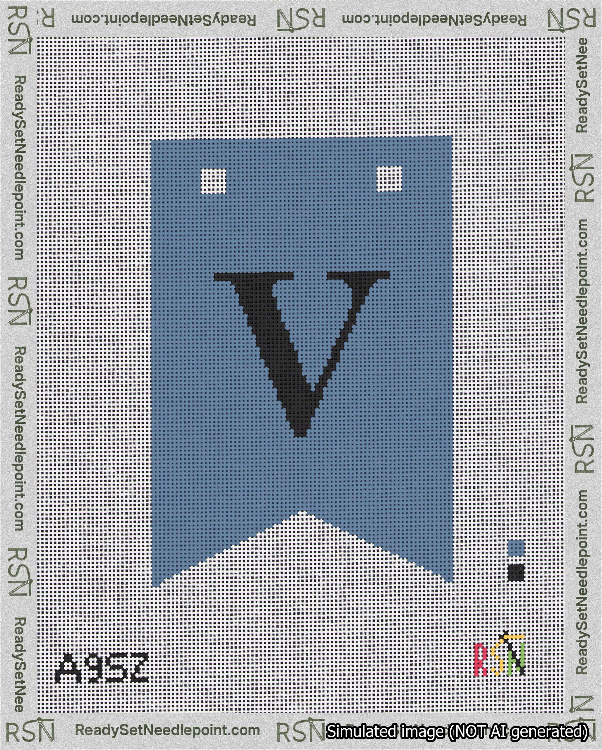 A taped needlepoint canvas with the design: Banner 18 mesh count Forked V Black on Blue.