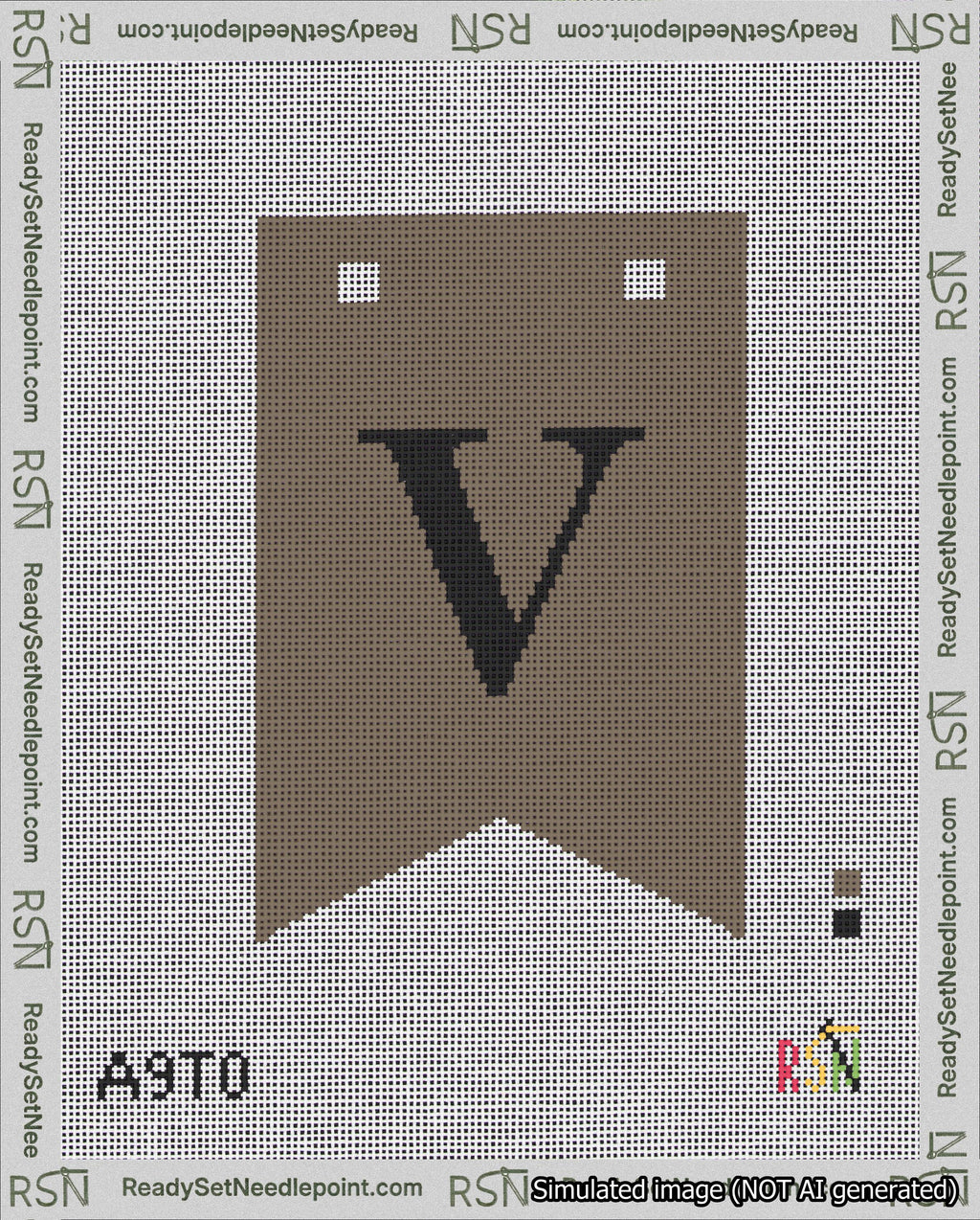 A taped needlepoint canvas with the design: Banner 18 mesh count Forked V Black on Brown.