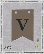A taped needlepoint canvas with the design: Banner 18 mesh count Forked V Black on Brown.