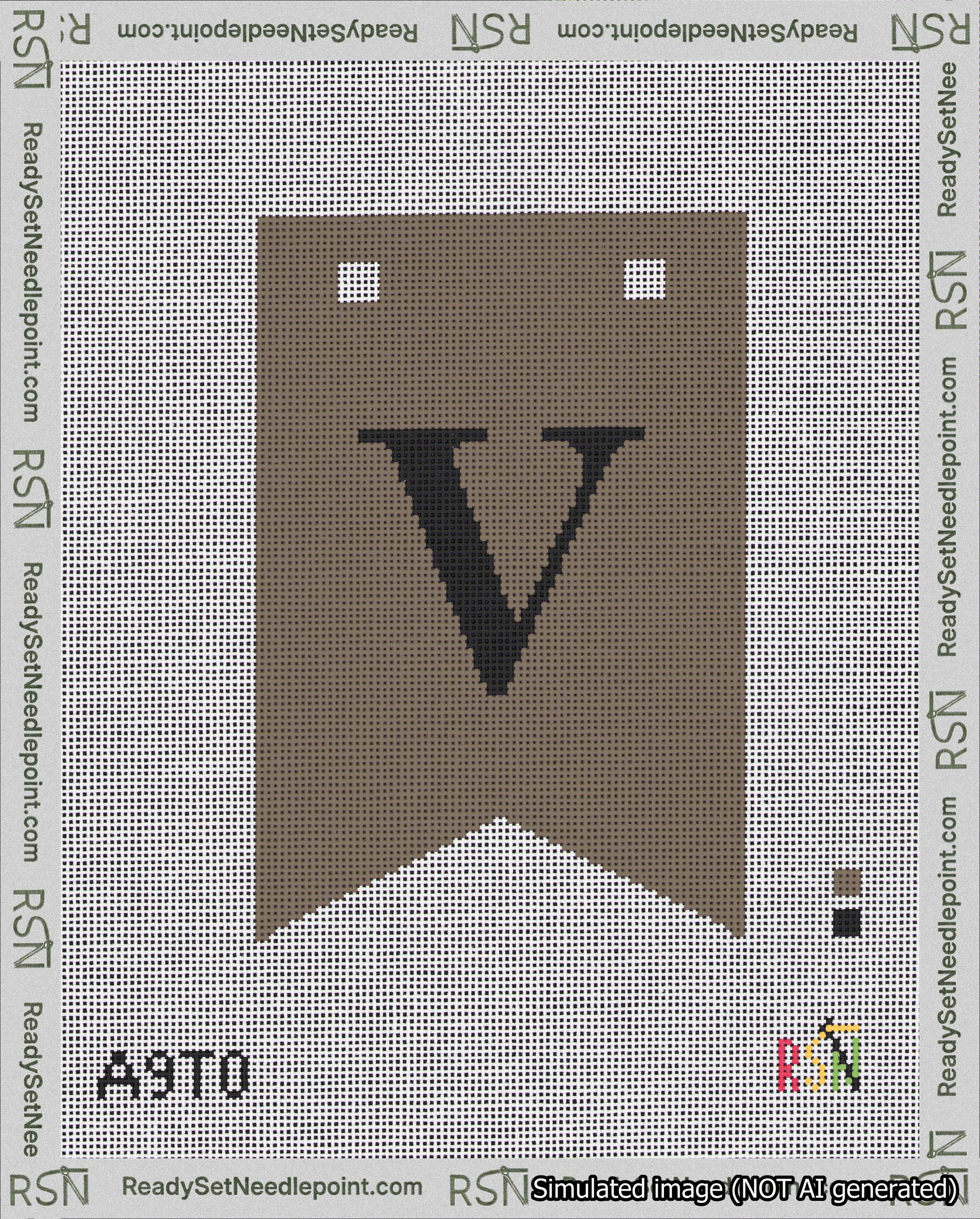 A taped needlepoint canvas with the design: Banner 18 mesh count Forked V Black on Brown.