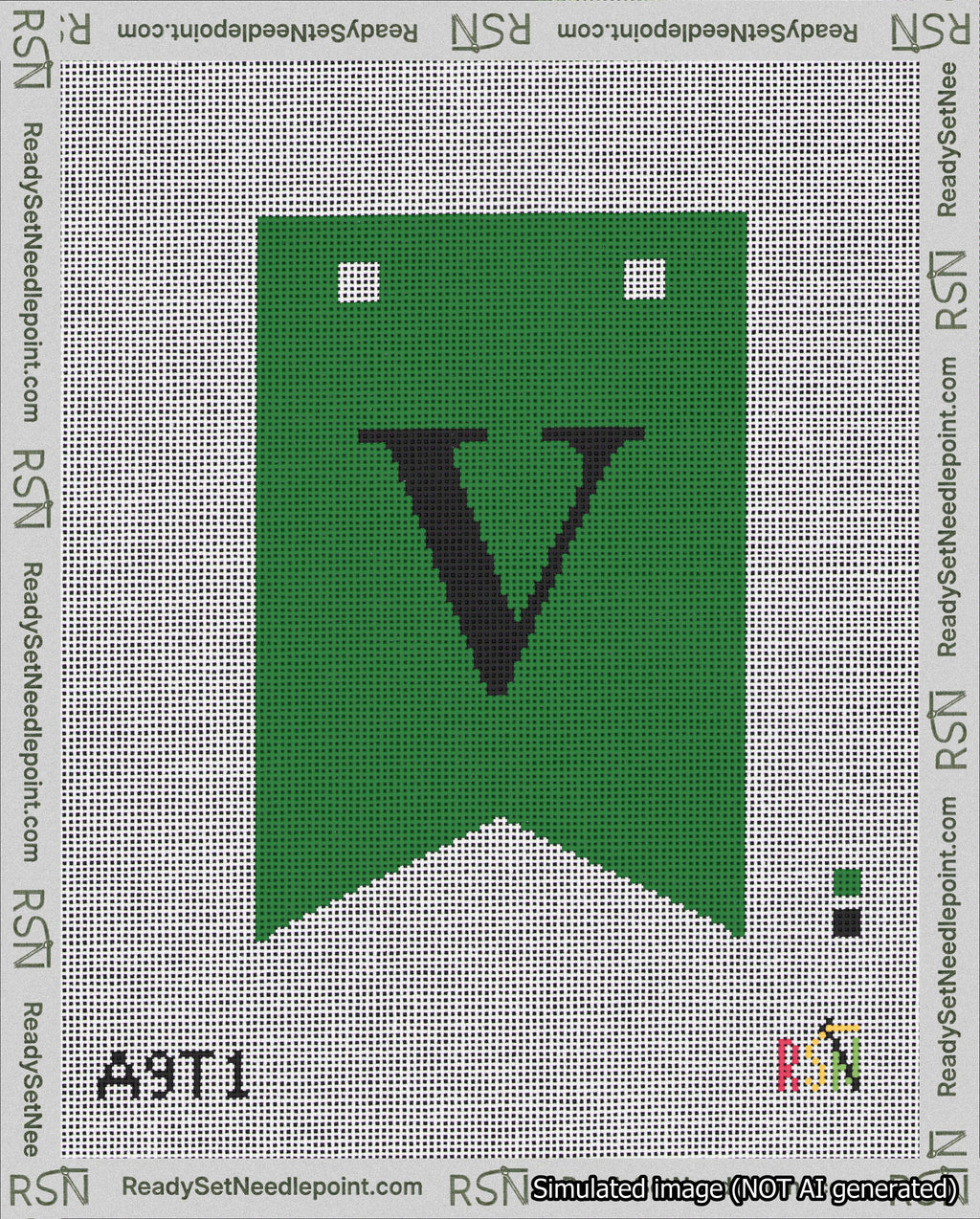 A taped needlepoint canvas with the design: Banner 18 mesh count Forked V Black on Green.
