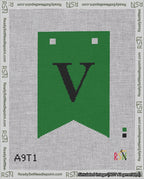 A taped needlepoint canvas with the design: Banner 18 mesh count Forked V Black on Green.