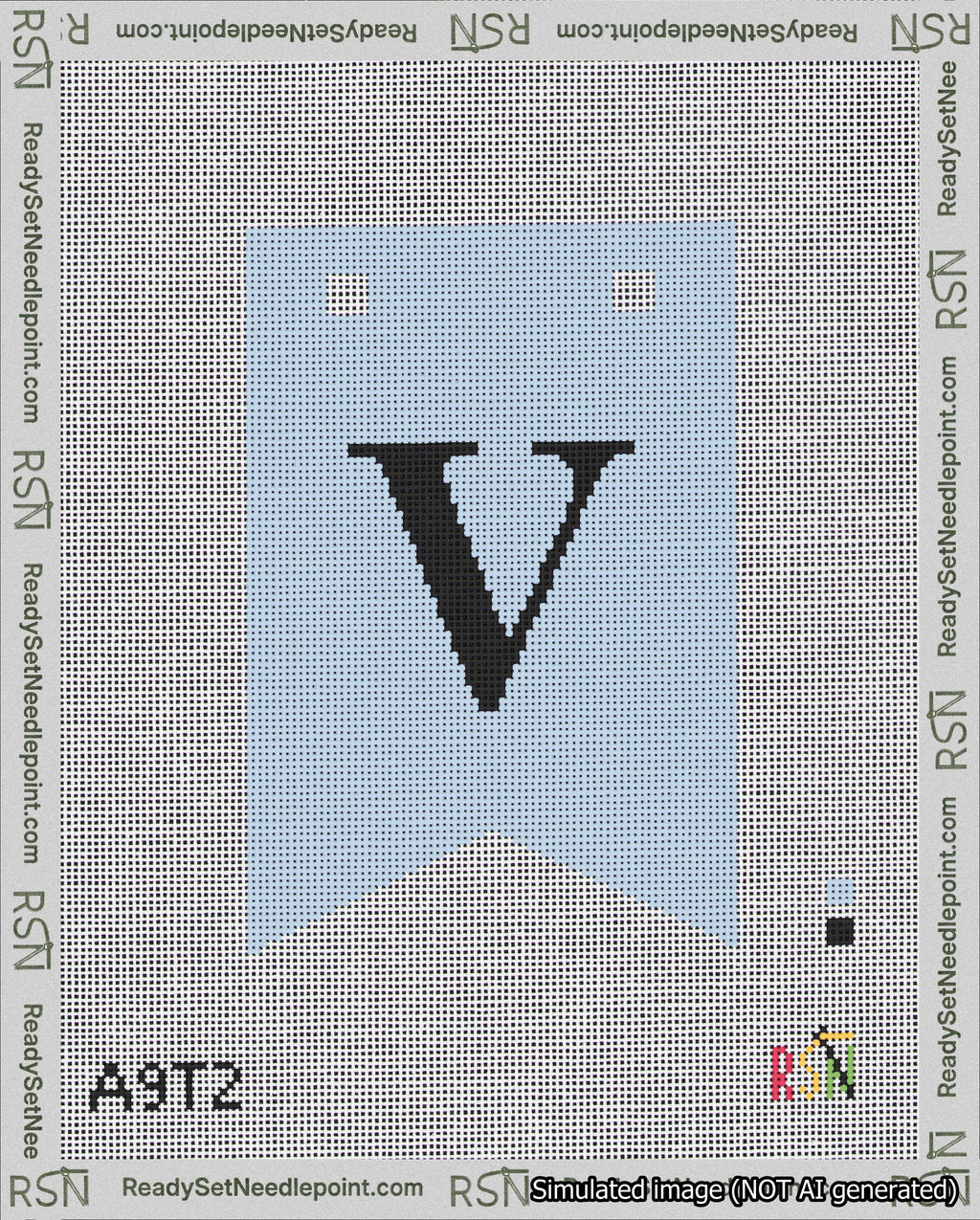 A taped needlepoint canvas with the design: Banner 18 mesh count Forked V Black on Light Blue.