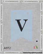 A taped needlepoint canvas with the design: Banner 18 mesh count Forked V Black on Light Blue.