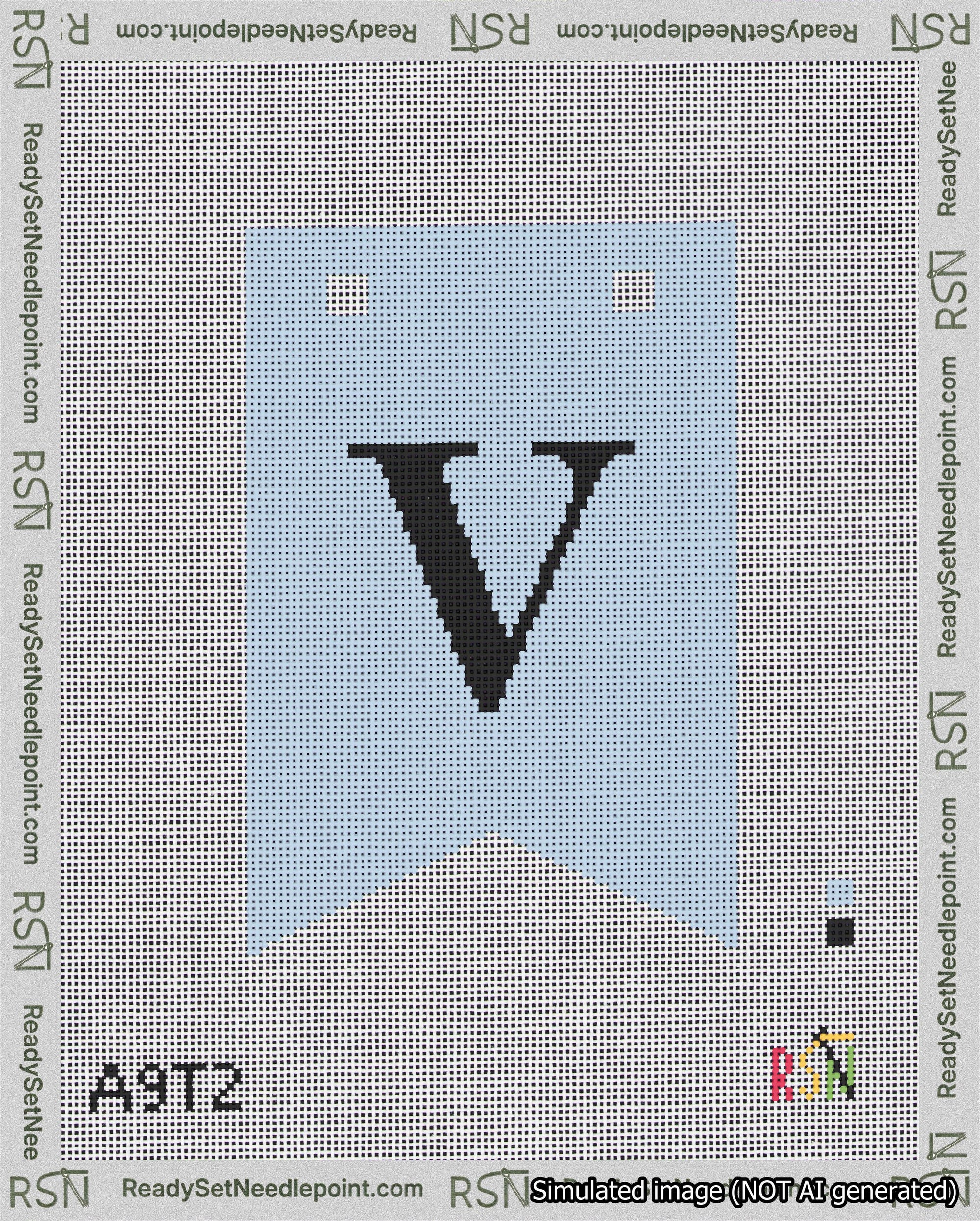 A taped needlepoint canvas with the design: Banner 18 mesh count Forked V Black on Light Blue.