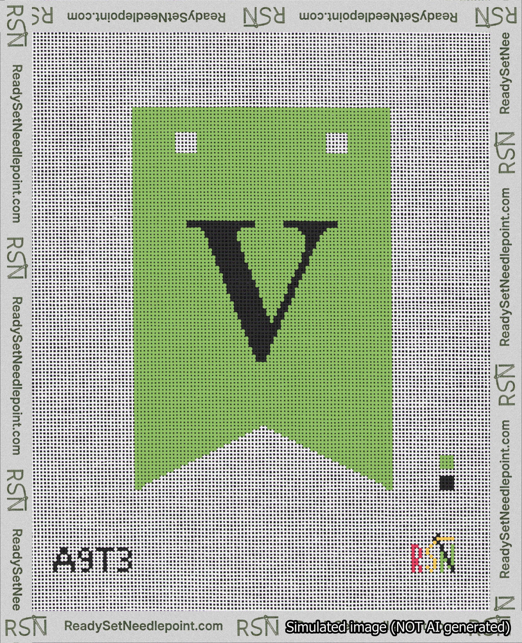 A taped needlepoint canvas with the design: Banner 18 mesh count Forked V Black on Light Green.
