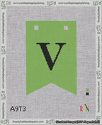 A taped needlepoint canvas with the design: Banner 18 mesh count Forked V Black on Light Green.