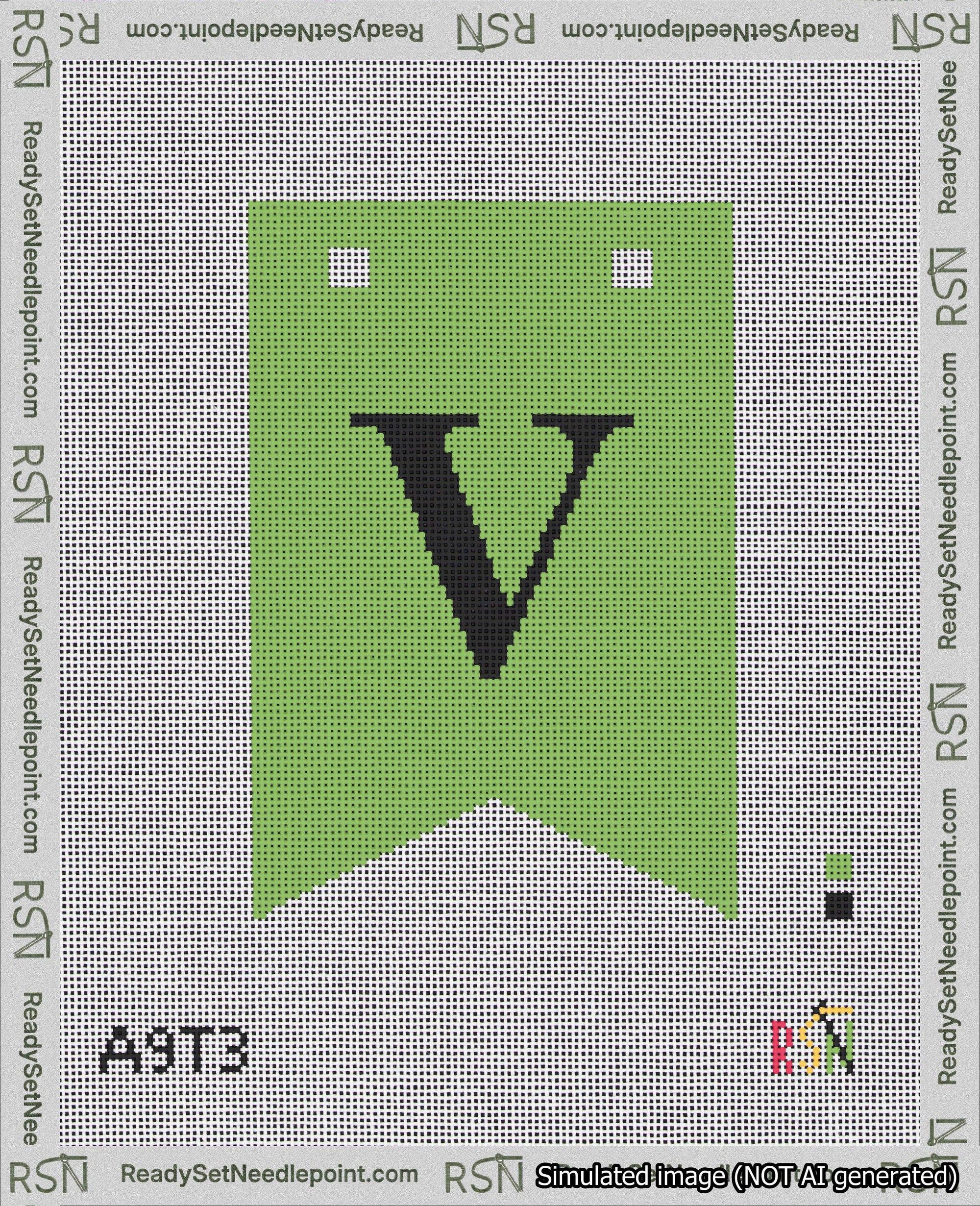 A taped needlepoint canvas with the design: Banner 18 mesh count Forked V Black on Light Green.