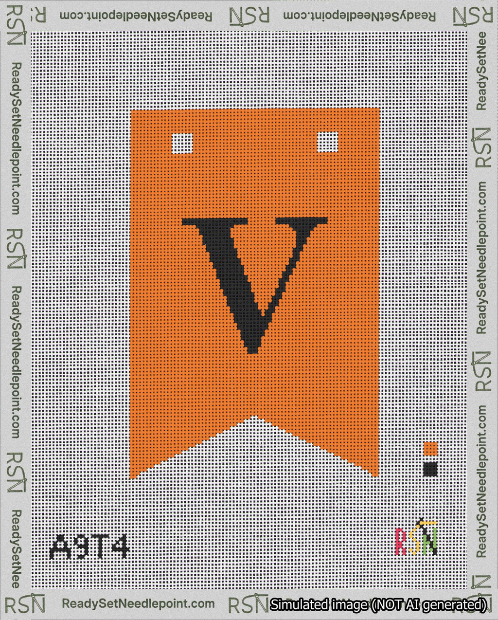 A taped needlepoint canvas with the design: Banner 18 mesh count Forked V Black on Orange.
