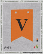 A taped needlepoint canvas with the design: Banner 18 mesh count Forked V Black on Orange.