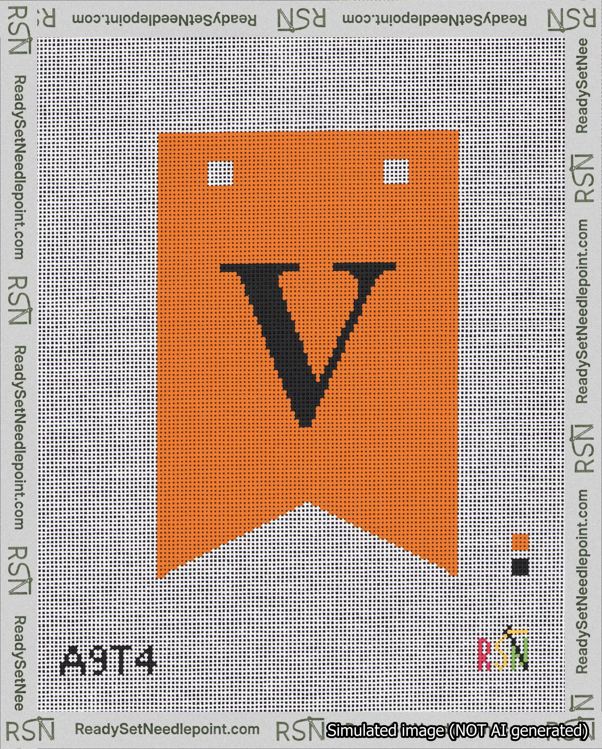 A taped needlepoint canvas with the design: Banner 18 mesh count Forked V Black on Orange.