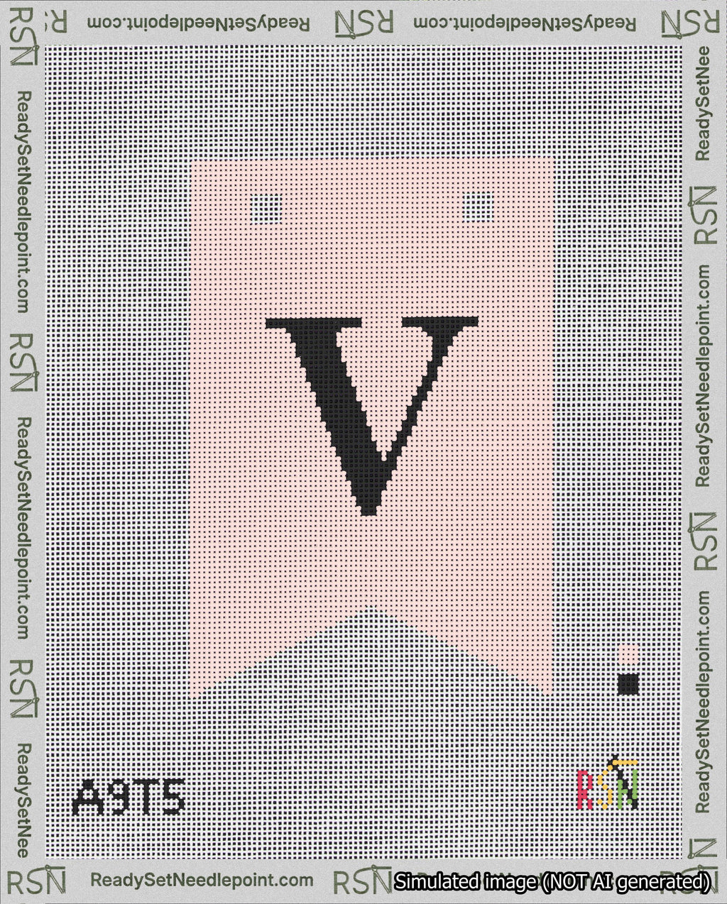 A taped needlepoint canvas with the design: Banner 18 mesh count Forked V Black on Pink.