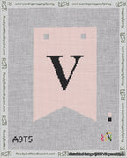 A taped needlepoint canvas with the design: Banner 18 mesh count Forked V Black on Pink.