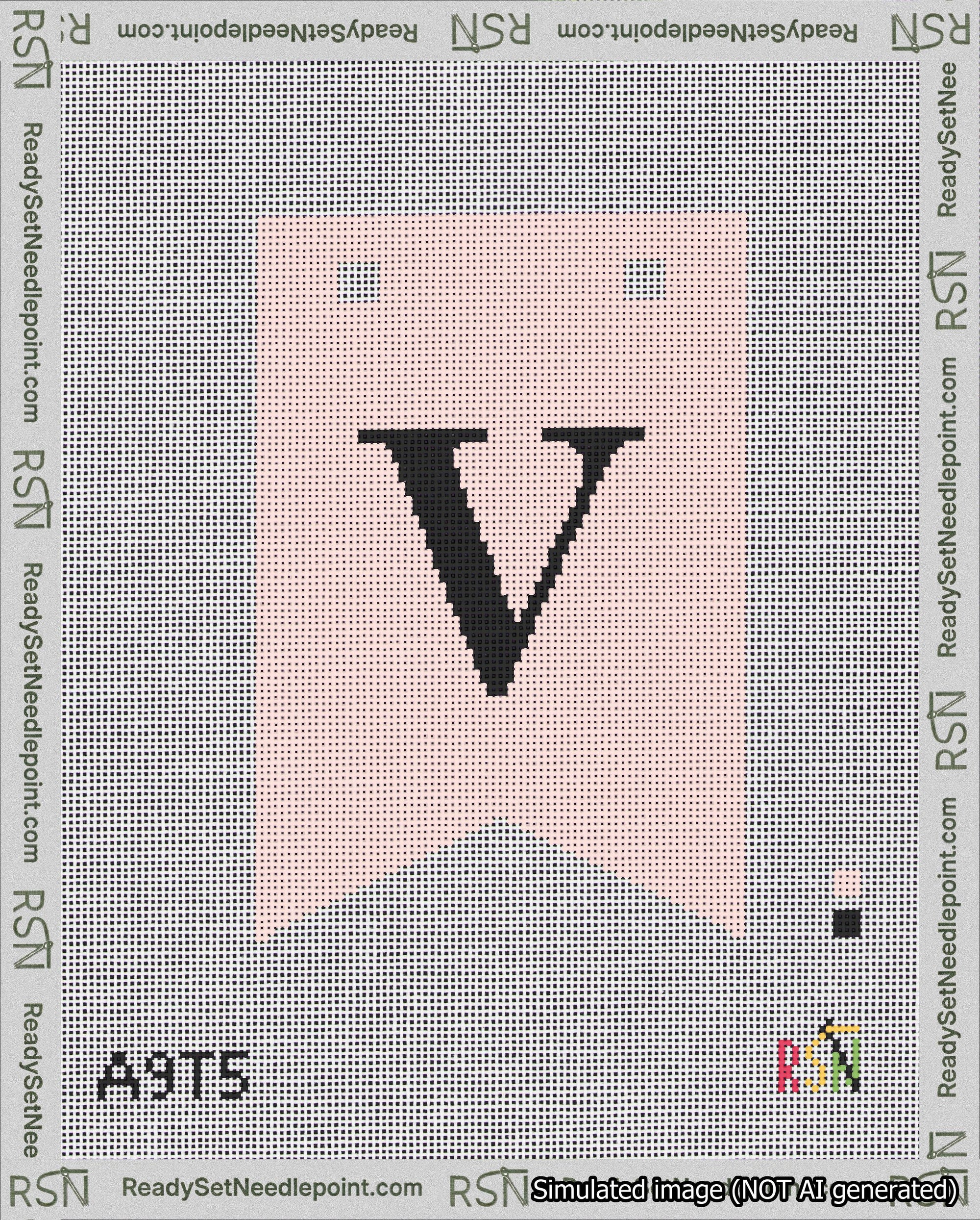 A taped needlepoint canvas with the design: Banner 18 mesh count Forked V Black on Pink.