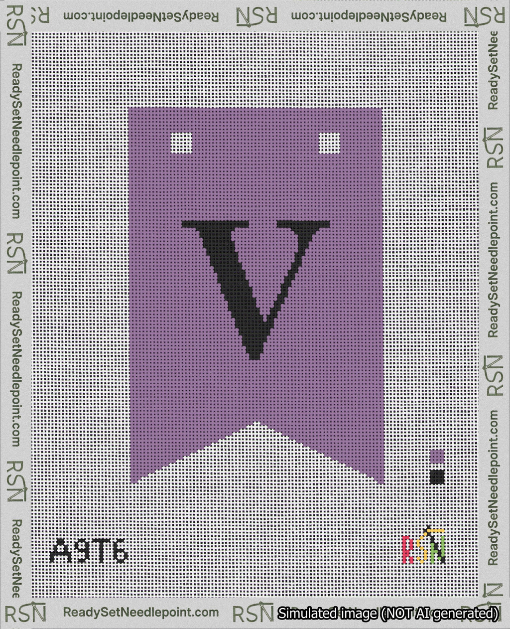 A taped needlepoint canvas with the design: Banner 18 mesh count Forked V Black on Purple.