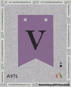 A taped needlepoint canvas with the design: Banner 18 mesh count Forked V Black on Purple.
