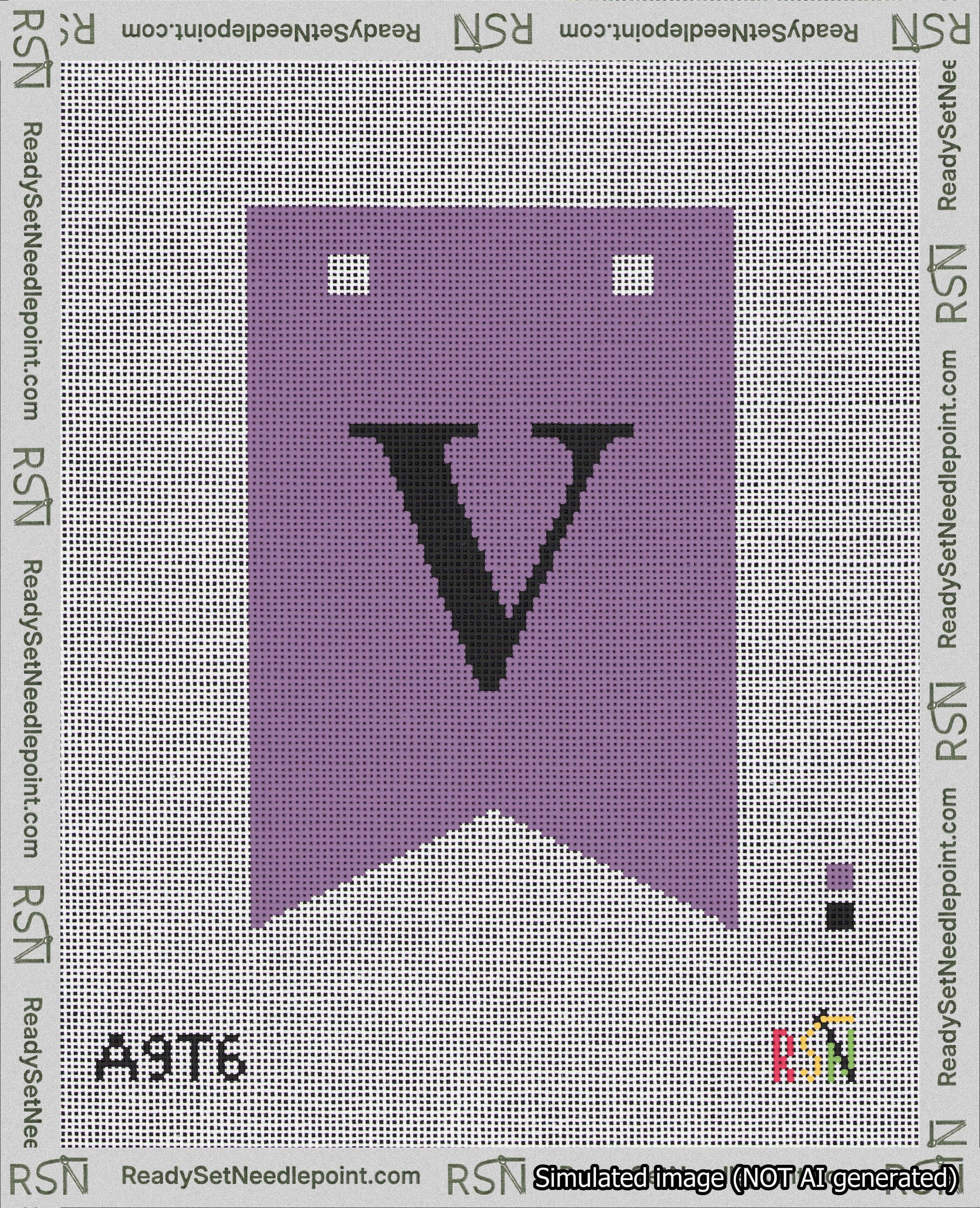 A taped needlepoint canvas with the design: Banner 18 mesh count Forked V Black on Purple.