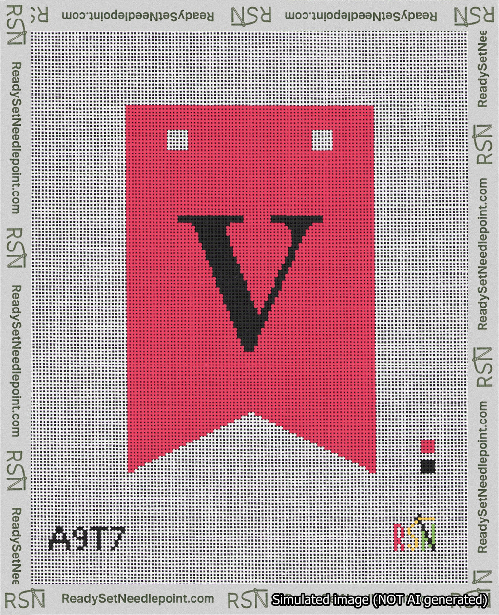 A taped needlepoint canvas with the design: Banner 18 mesh count Forked V Black on Red.