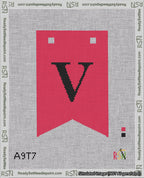 A taped needlepoint canvas with the design: Banner 18 mesh count Forked V Black on Red.