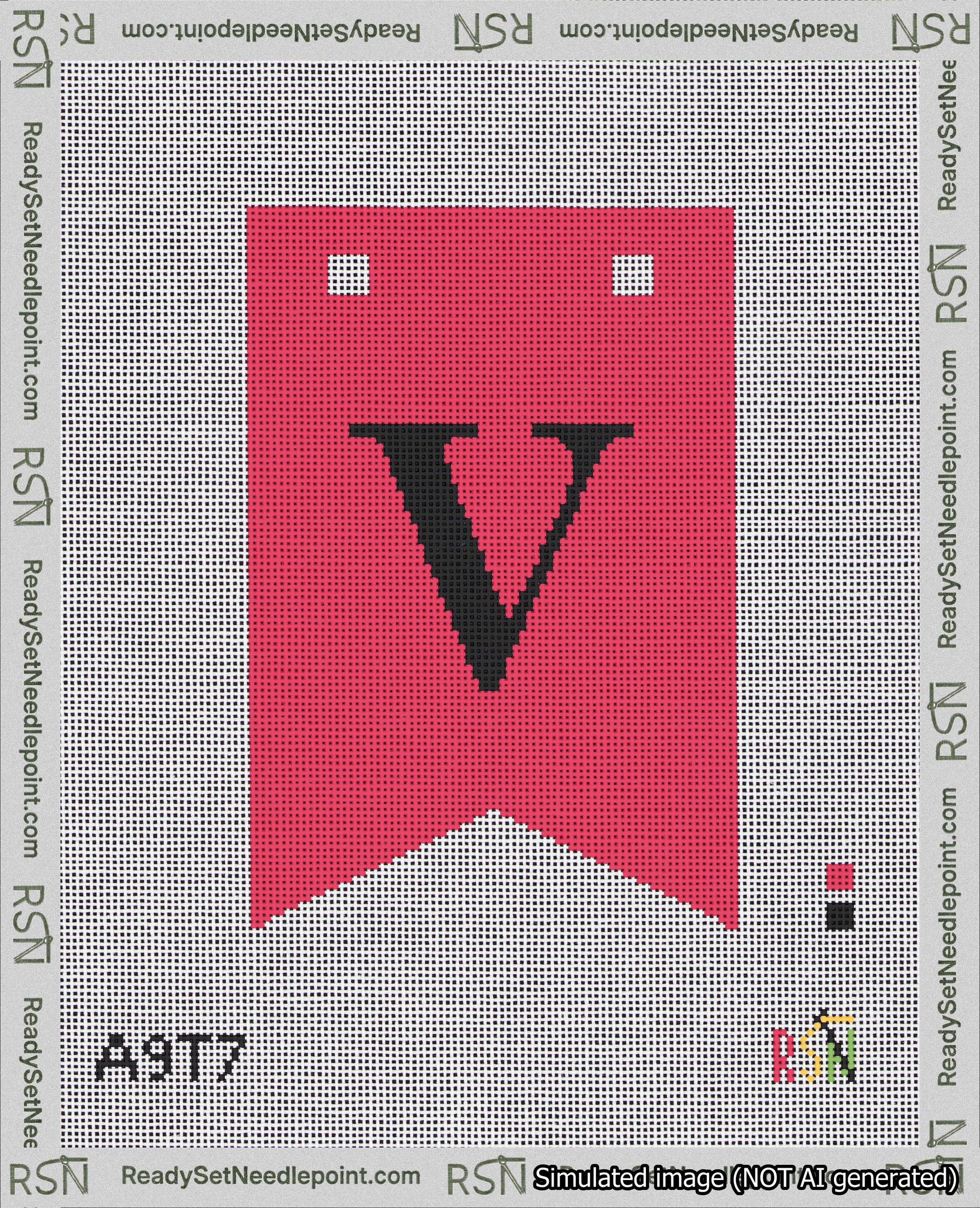 A taped needlepoint canvas with the design: Banner 18 mesh count Forked V Black on Red.