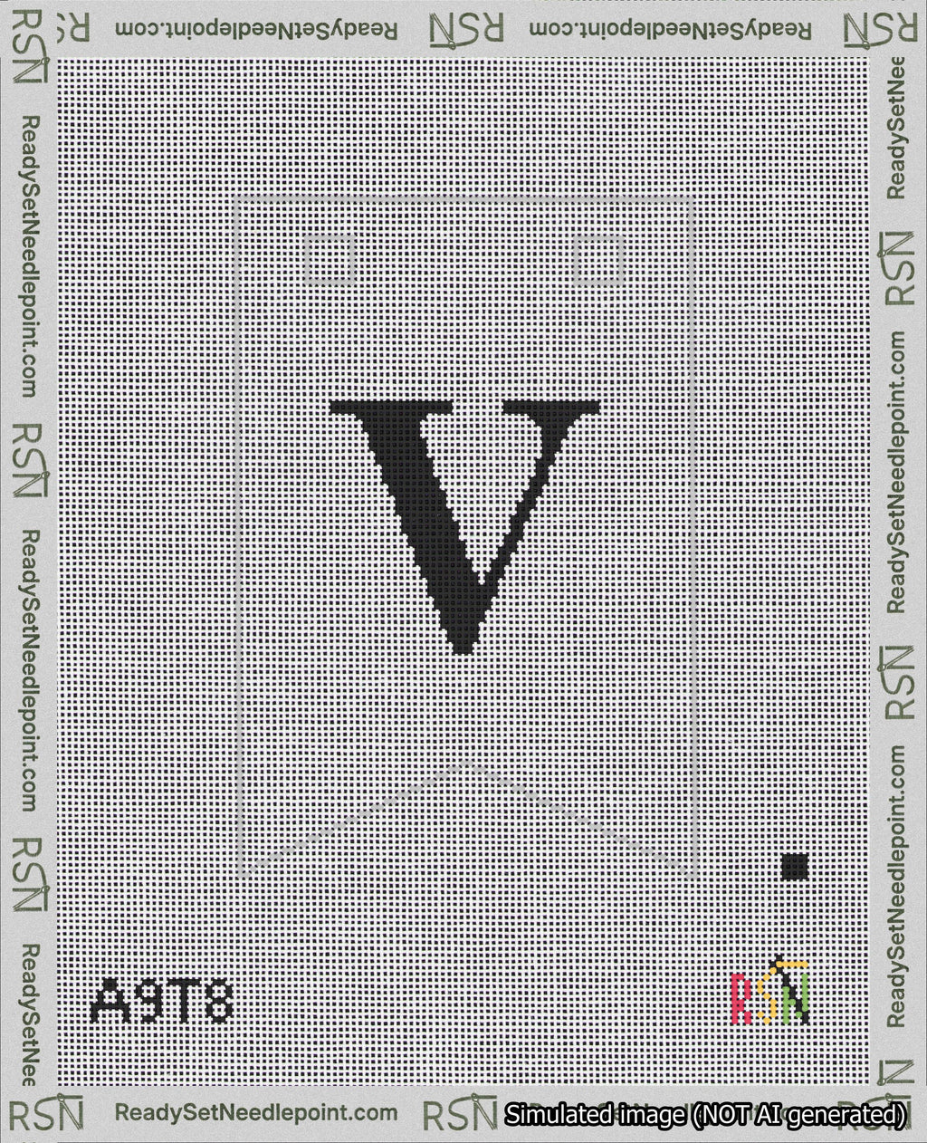 A taped needlepoint canvas with the design: Banner 18 mesh count Forked V Black on White.