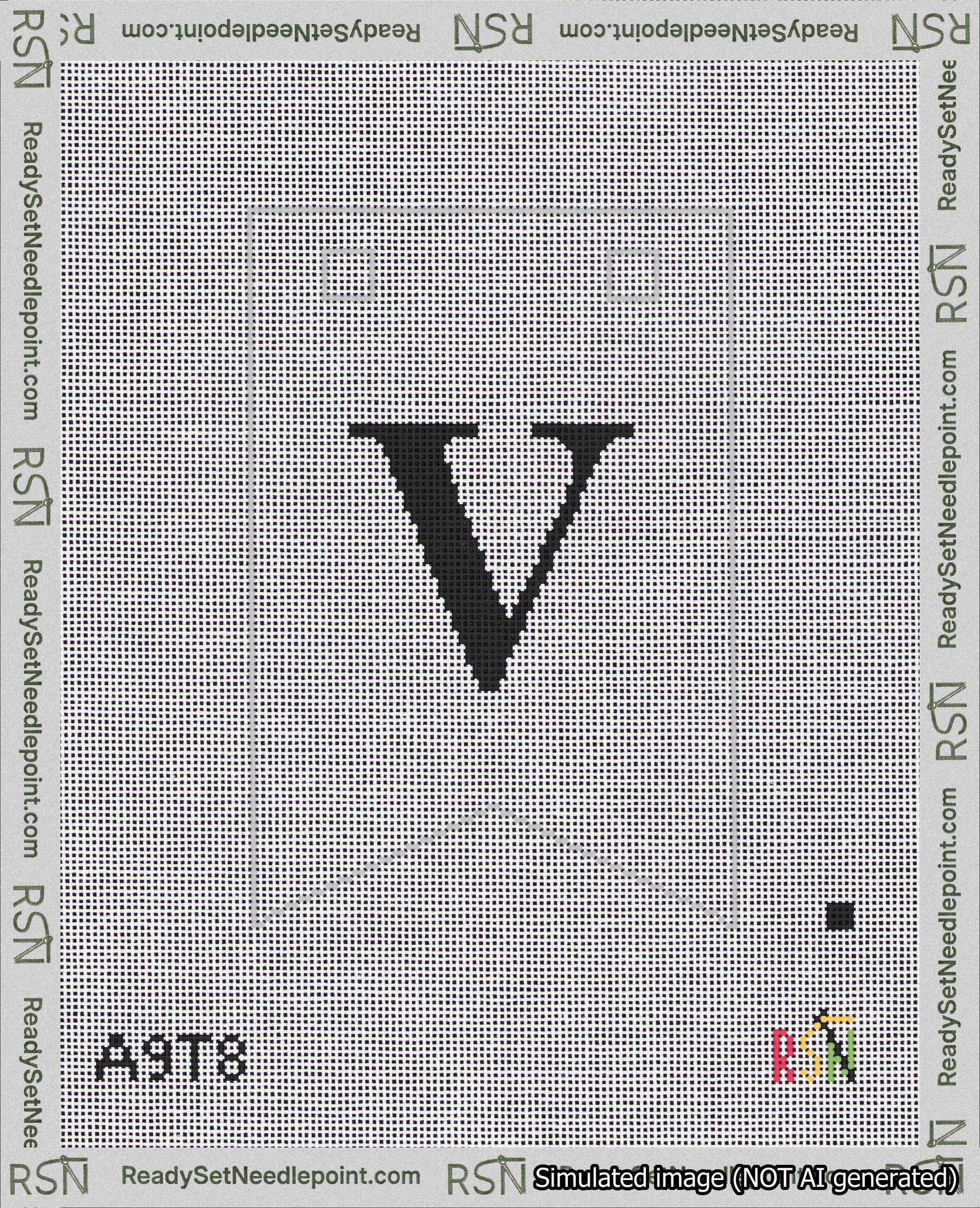 A taped needlepoint canvas with the design: Banner 18 mesh count Forked V Black on White.