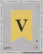 A taped needlepoint canvas with the design: Banner 18 mesh count Forked V Black on Yellow.