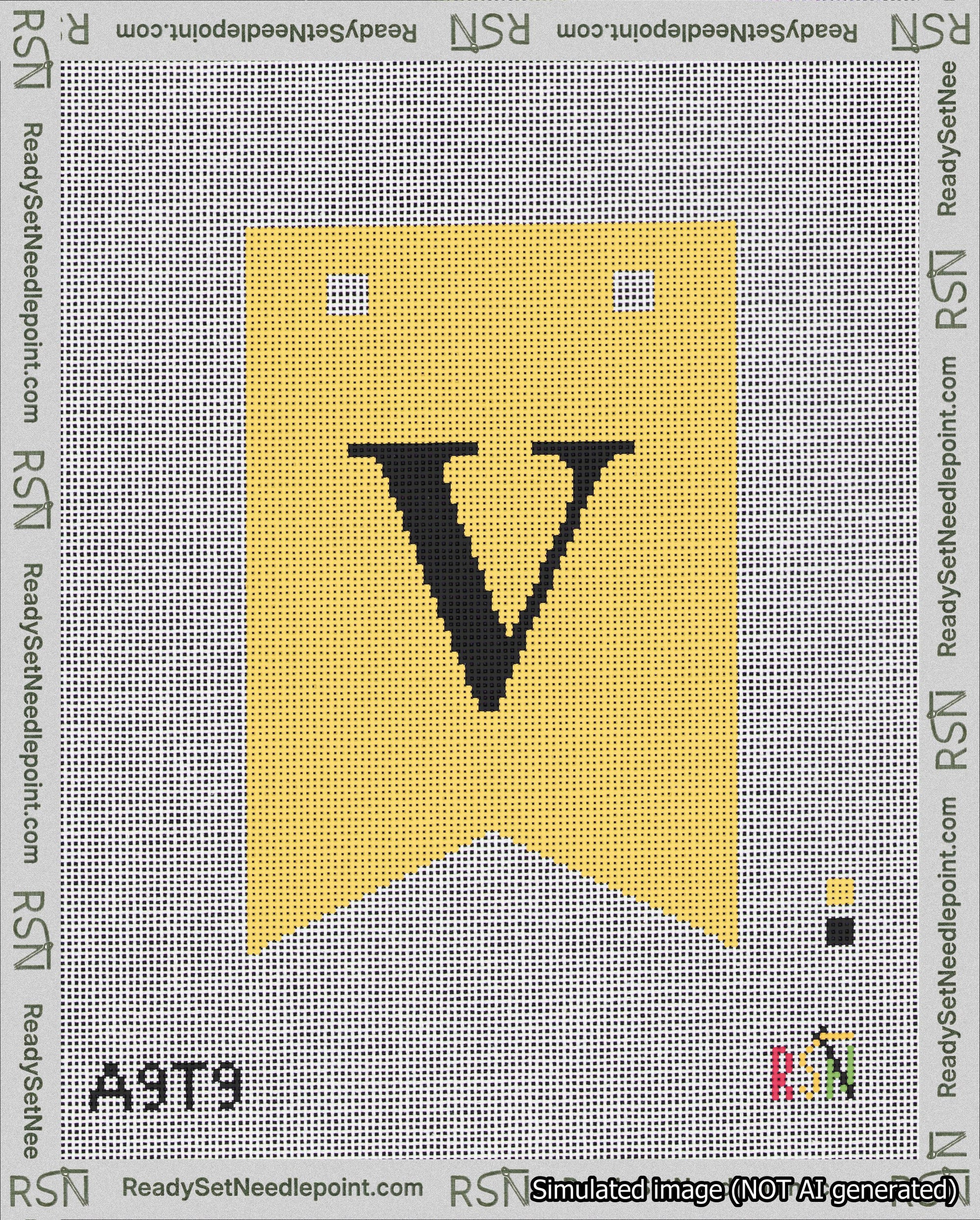 A taped needlepoint canvas with the design: Banner 18 mesh count Forked V Black on Yellow.