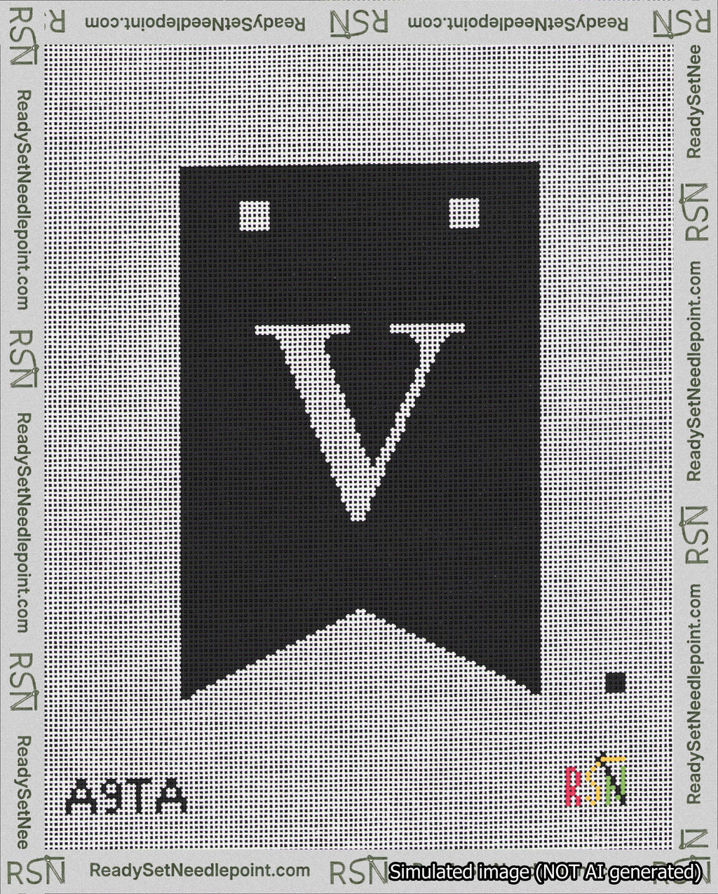 A taped needlepoint canvas with the design: Banner 18 mesh count Forked V White on Black.