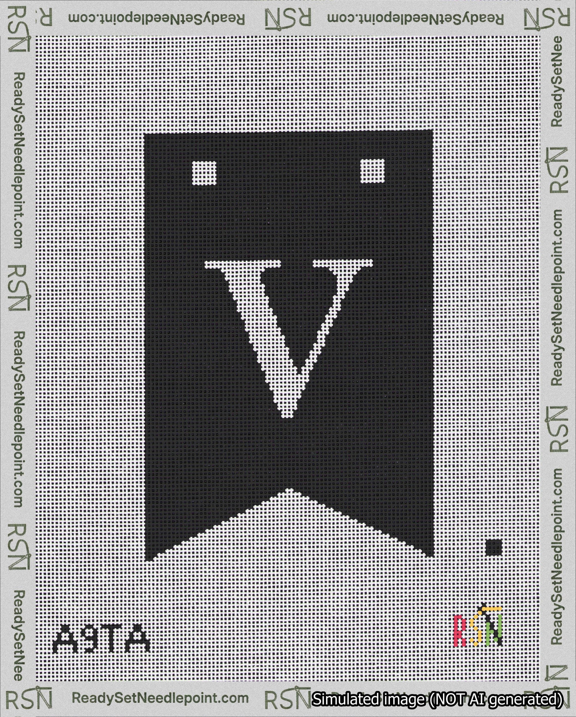 A taped needlepoint canvas with the design: Banner 18 mesh count Forked V White on Black.