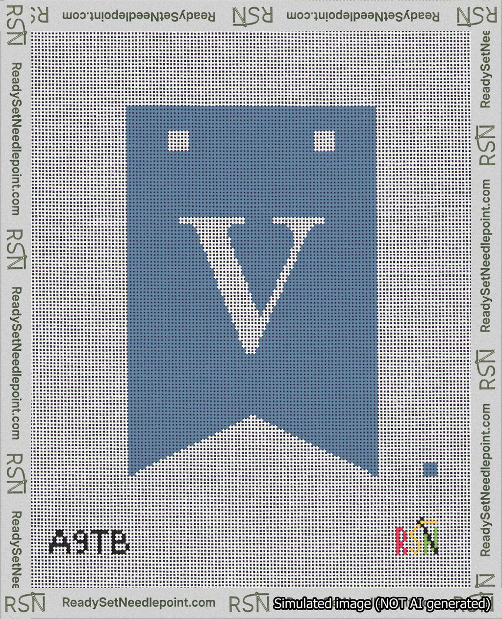 A taped needlepoint canvas with the design: Banner 18 mesh count Forked V White on Blue.