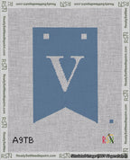 A taped needlepoint canvas with the design: Banner 18 mesh count Forked V White on Blue.