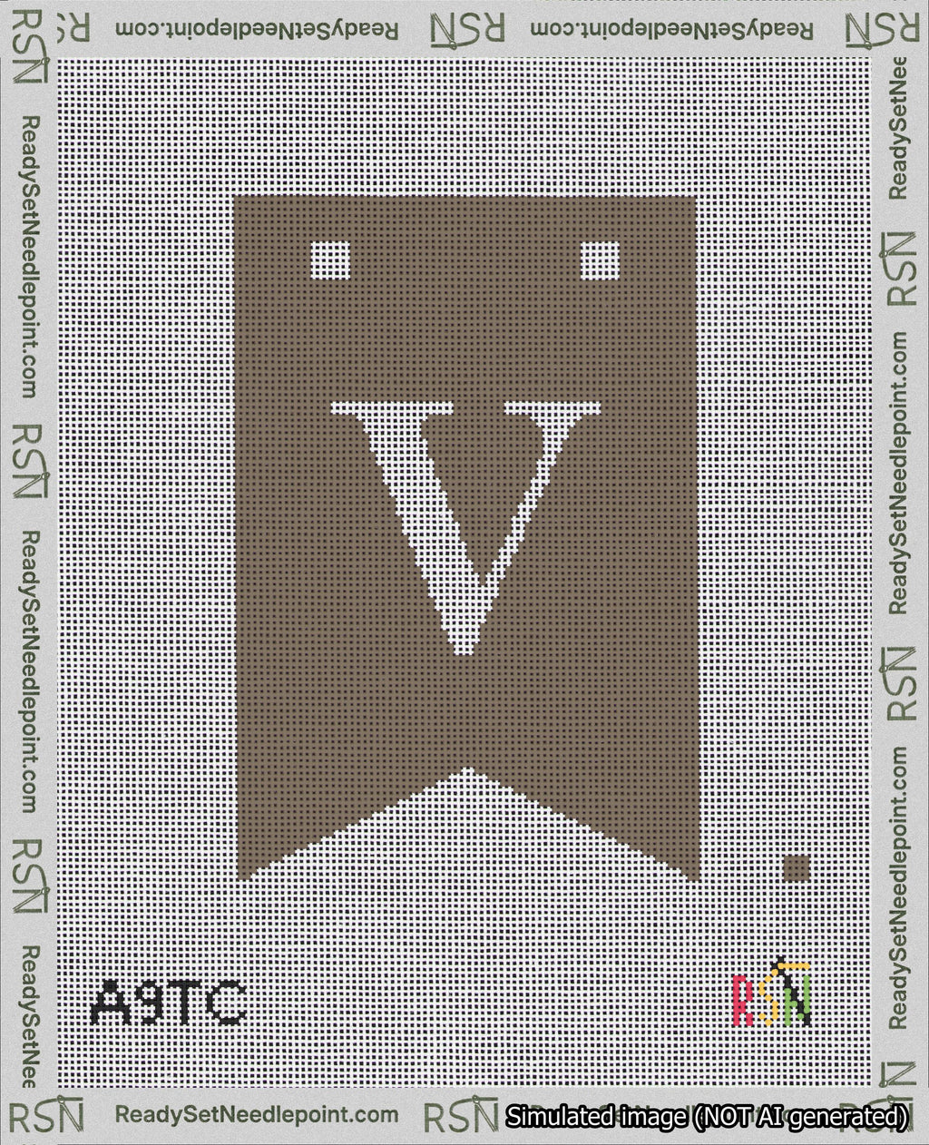 A taped needlepoint canvas with the design: Banner 18 mesh count Forked V White on Brown.