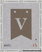 A taped needlepoint canvas with the design: Banner 18 mesh count Forked V White on Brown.